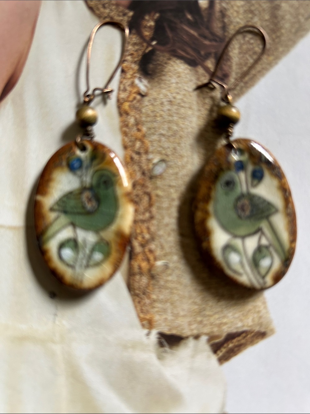 RARE. Green Ceramic Bird Motif Drop Earrings - Artisan Women’s Jewelry - Picture 3 of 4